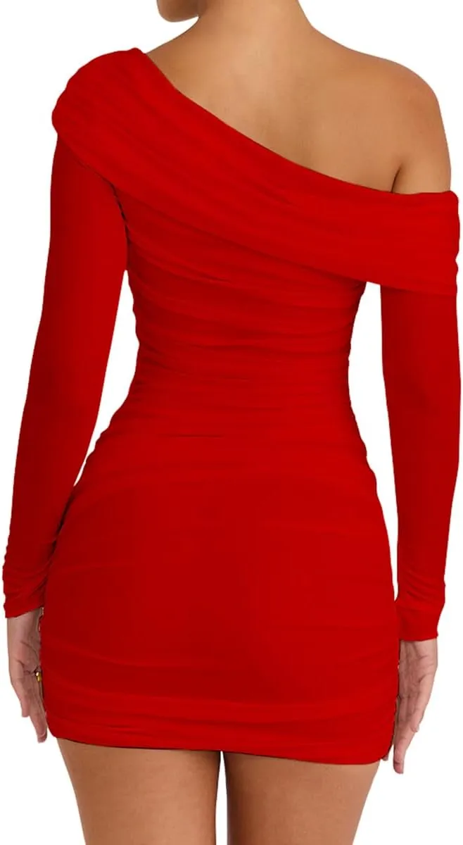 LCNBA Women's Sexy One Shoulder Mesh Long Sleeve Ruched Bodycon Club Party Mini Dress