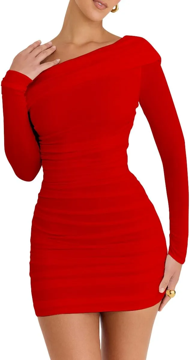 LCNBA Women's Sexy One Shoulder Mesh Long Sleeve Ruched Bodycon Club Party Mini Dress