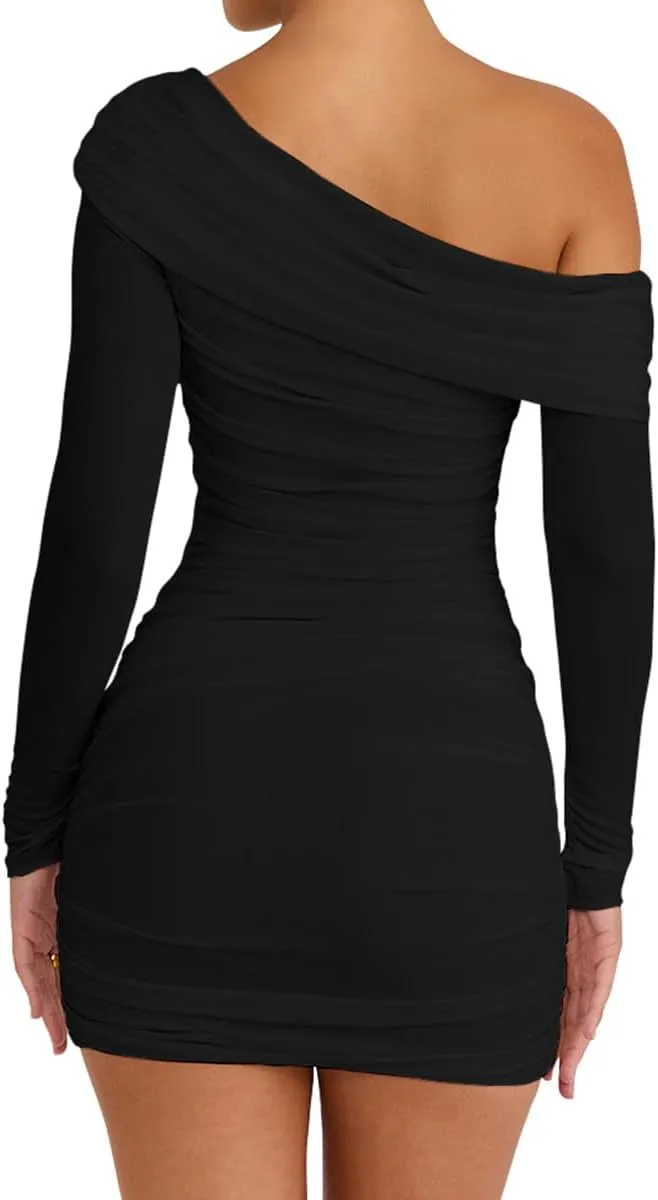 LCNBA Women's Sexy One Shoulder Mesh Long Sleeve Ruched Bodycon Club Party Mini Dress
