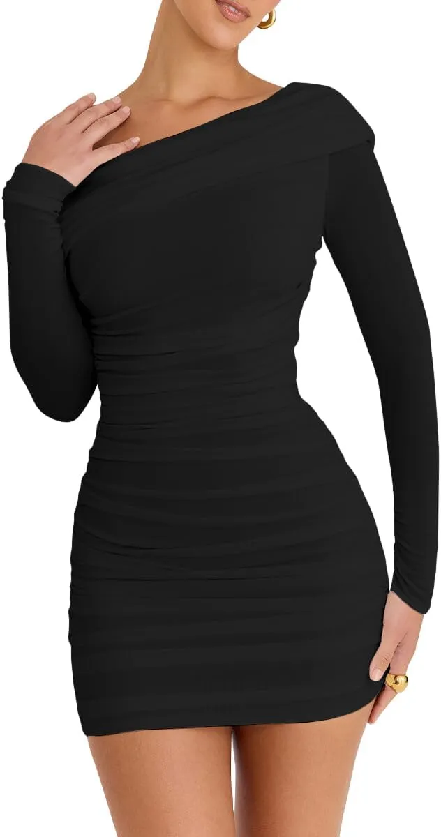 LCNBA Women's Sexy One Shoulder Mesh Long Sleeve Ruched Bodycon Club Party Mini Dress