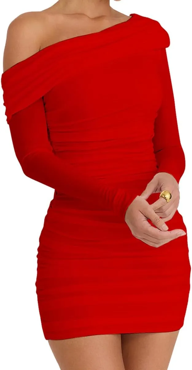LCNBA Women's Sexy One Shoulder Mesh Long Sleeve Ruched Bodycon Club Party Mini Dress