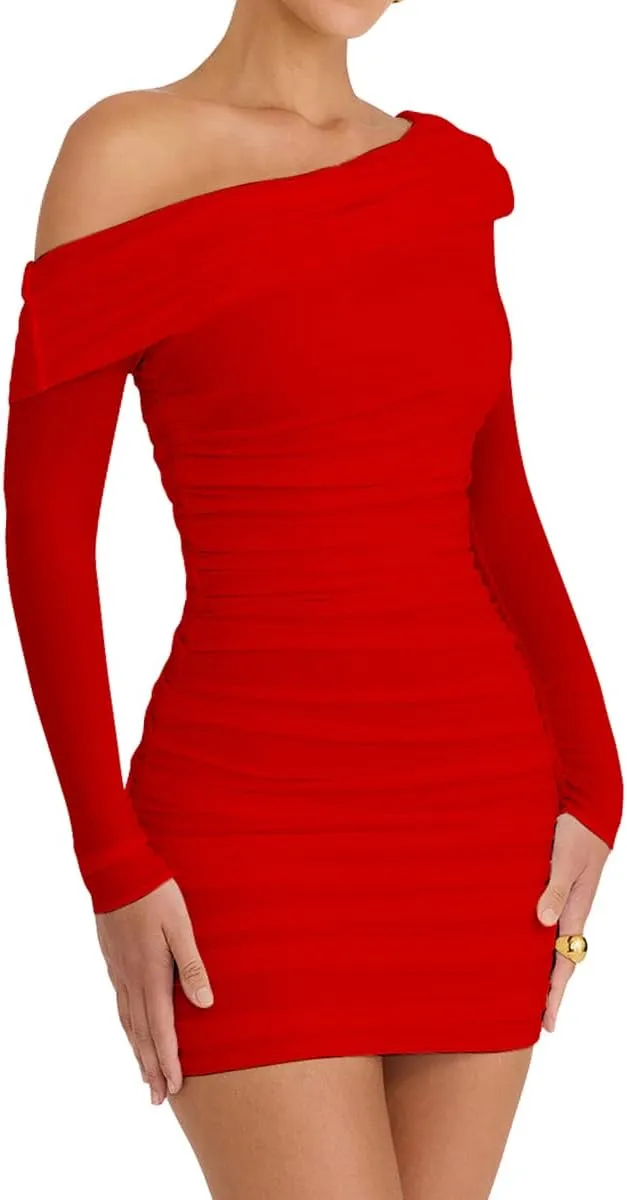 LCNBA Women's Sexy One Shoulder Mesh Long Sleeve Ruched Bodycon Club Party Mini Dress