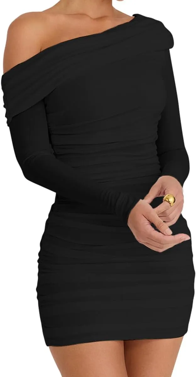 LCNBA Women's Sexy One Shoulder Mesh Long Sleeve Ruched Bodycon Club Party Mini Dress