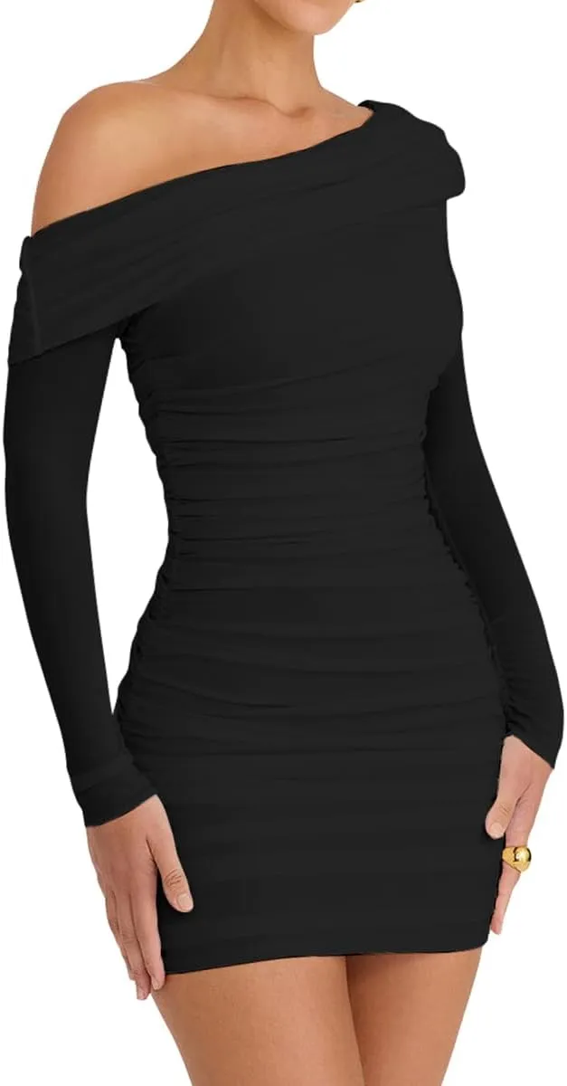 LCNBA Women's Sexy One Shoulder Mesh Long Sleeve Ruched Bodycon Club Party Mini Dress