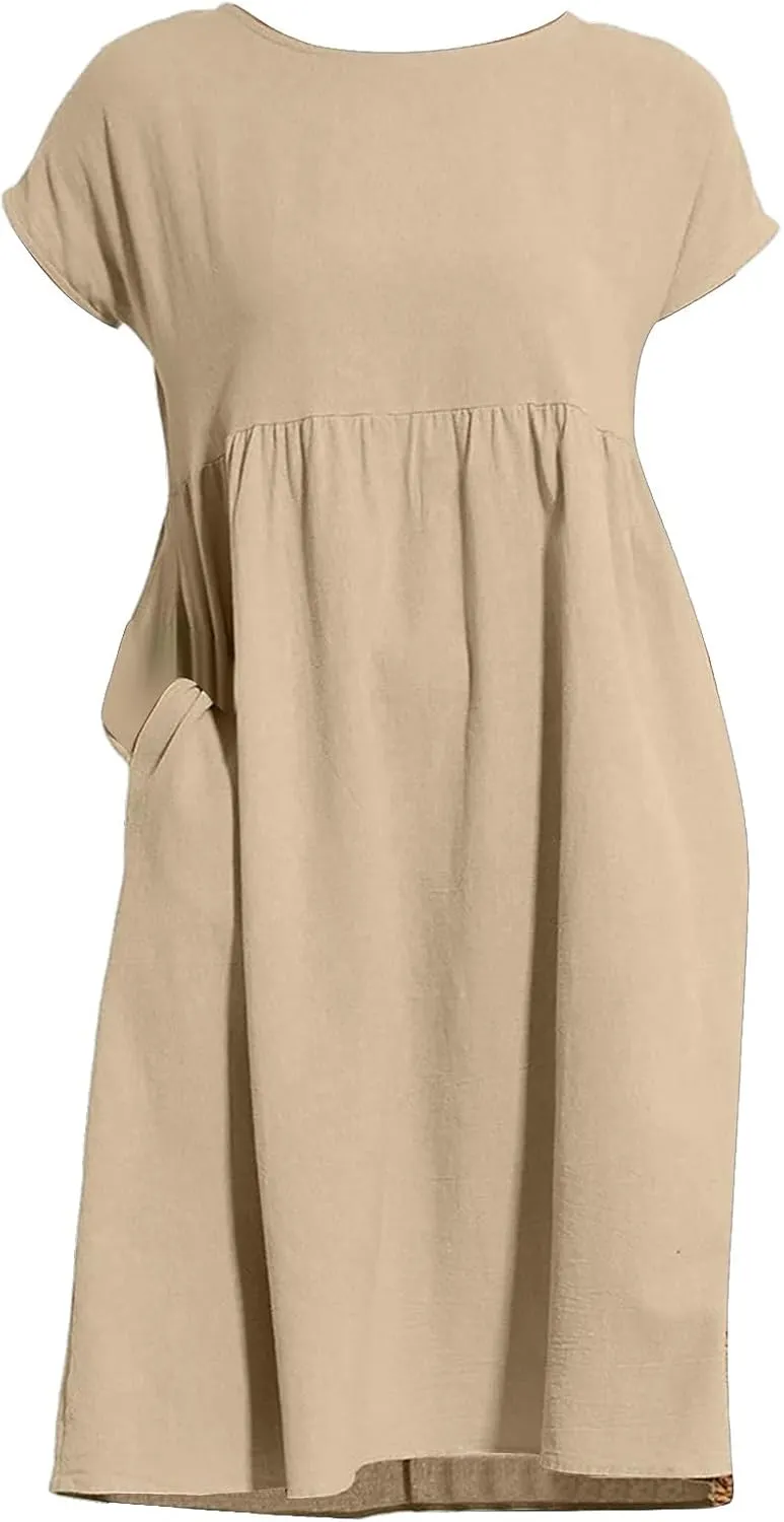 Linen Dresses for Women 2024 Womens Linen Dress Linen Midi Dresses Plus Size Short Sleeves Dress Sundress with Pockets
