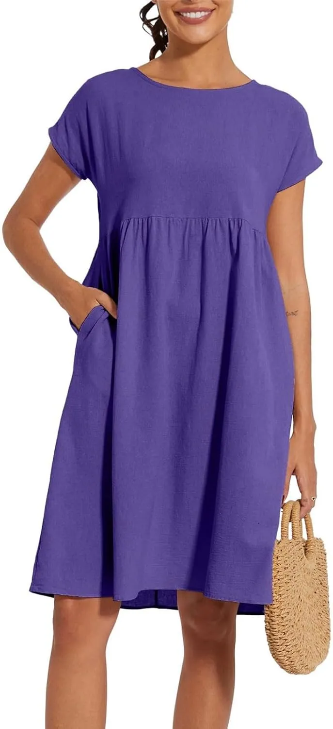 Linen Dresses for Women 2024 Womens Linen Dress Linen Midi Dresses Plus Size Short Sleeves Dress Sundress with Pockets