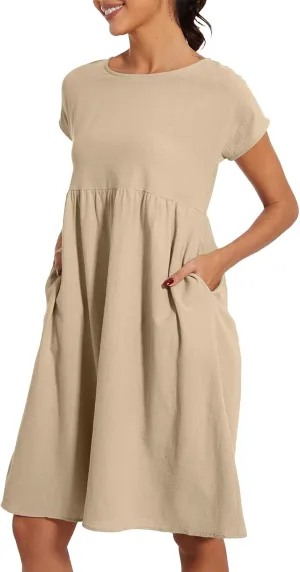 Linen Dresses for Women 2024 Womens Linen Dress Linen Midi Dresses Plus Size Short Sleeves Dress Sundress with Pockets
