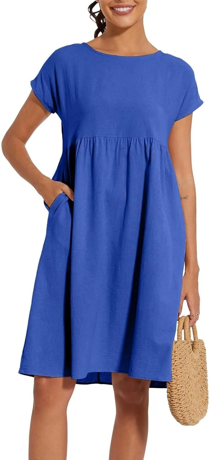 Linen Dresses for Women 2024 Womens Linen Dress Linen Midi Dresses Plus Size Short Sleeves Dress Sundress with Pockets