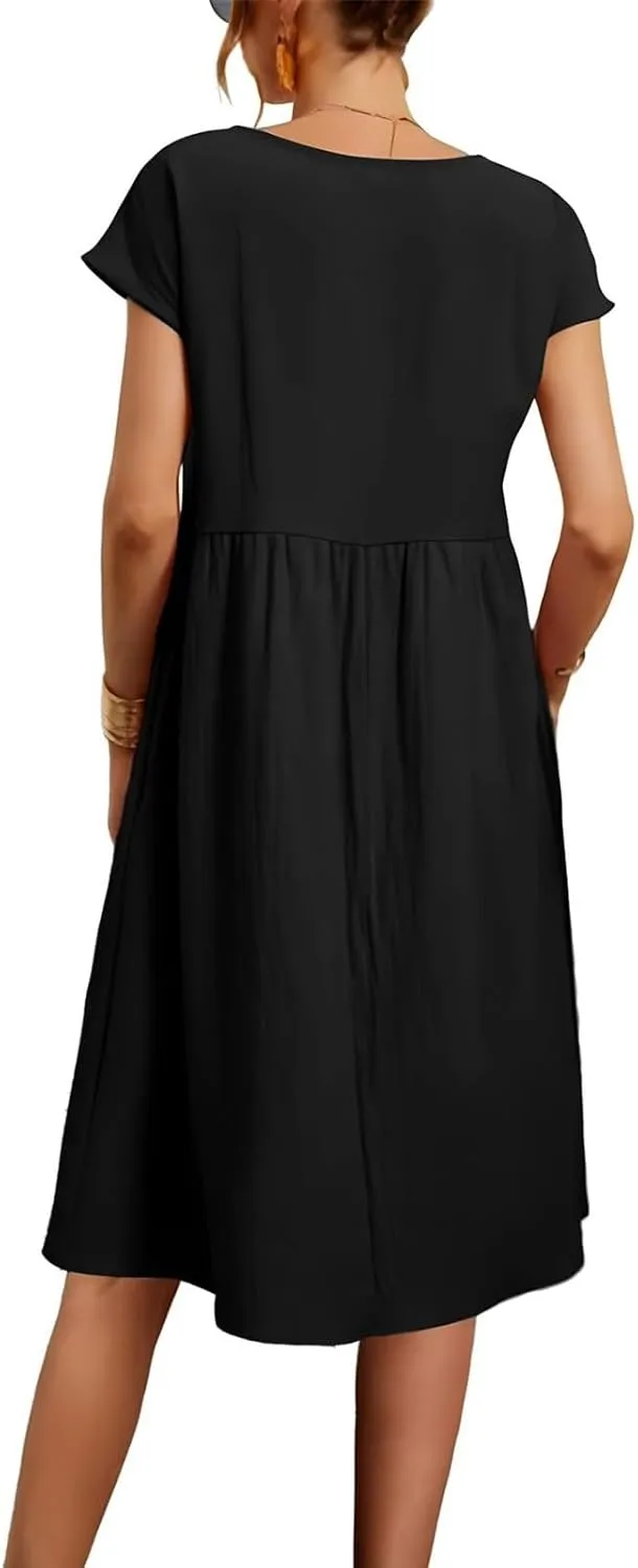 Linen Dresses for Women 2024 Womens Linen Dress Linen Midi Dresses Plus Size Short Sleeves Dress Sundress with Pockets