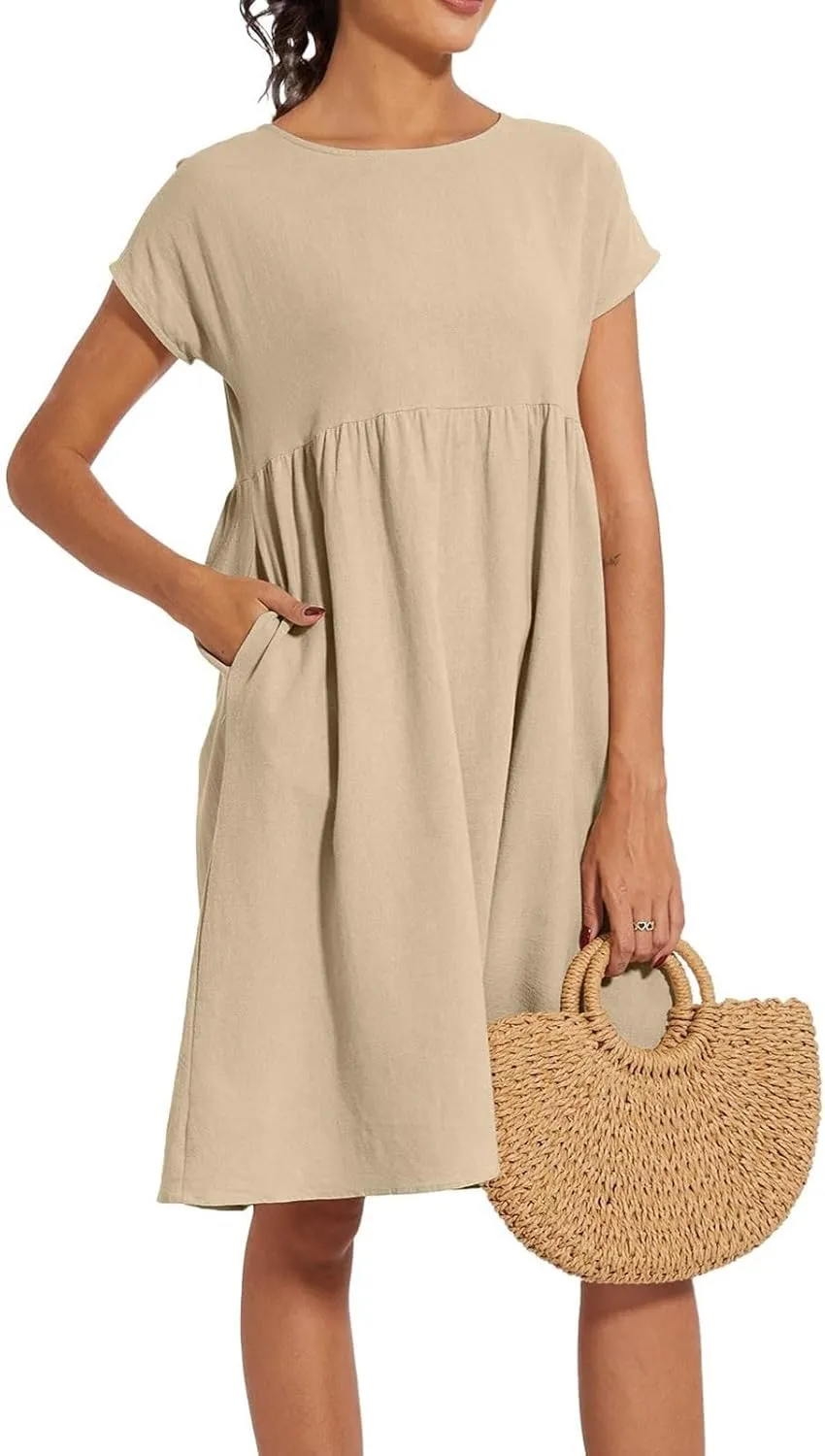 Linen Dresses for Women 2024 Womens Linen Dress Linen Midi Dresses Plus Size Short Sleeves Dress Sundress with Pockets