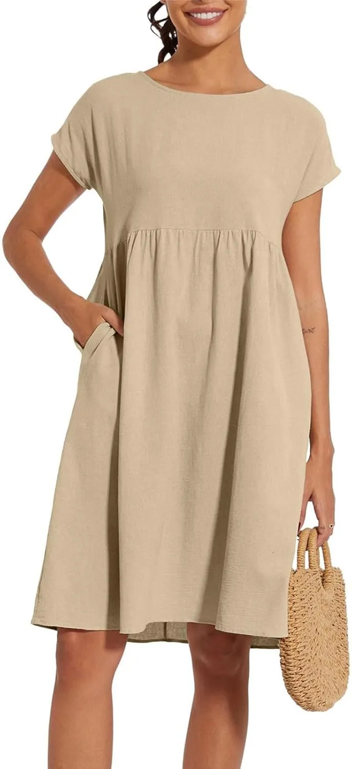 Linen Dresses for Women 2024 Womens Linen Dress Linen Midi Dresses Plus Size Short Sleeves Dress Sundress with Pockets