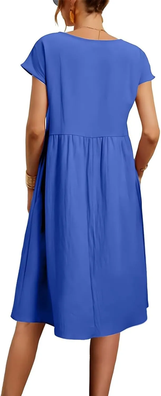 Linen Dresses for Women 2024 Womens Linen Dress Linen Midi Dresses Plus Size Short Sleeves Dress Sundress with Pockets