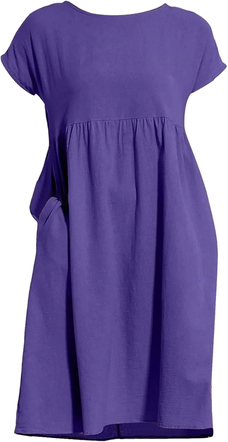 Linen Dresses for Women 2024 Womens Linen Dress Linen Midi Dresses Plus Size Short Sleeves Dress Sundress with Pockets