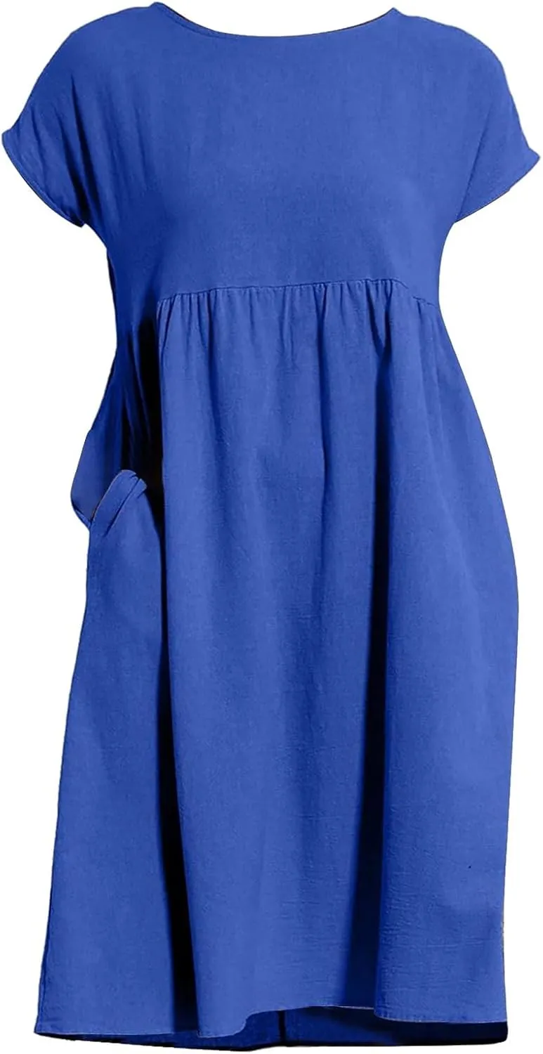 Linen Dresses for Women 2024 Womens Linen Dress Linen Midi Dresses Plus Size Short Sleeves Dress Sundress with Pockets