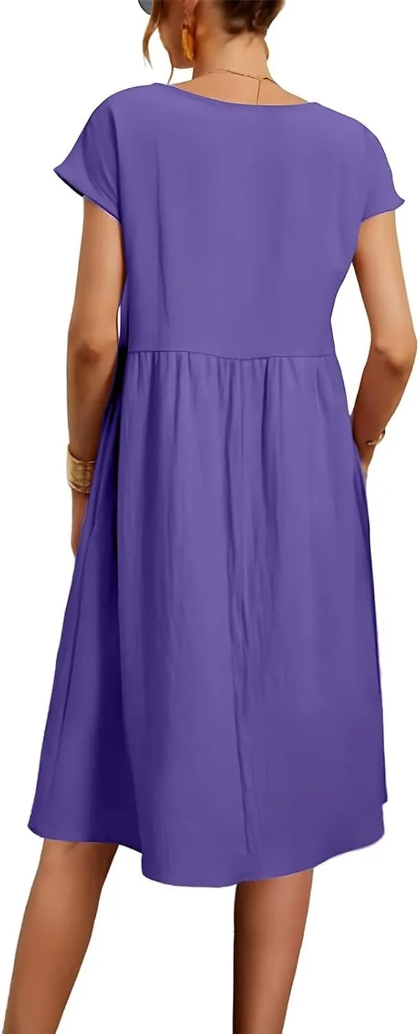 Linen Dresses for Women 2024 Womens Linen Dress Linen Midi Dresses Plus Size Short Sleeves Dress Sundress with Pockets