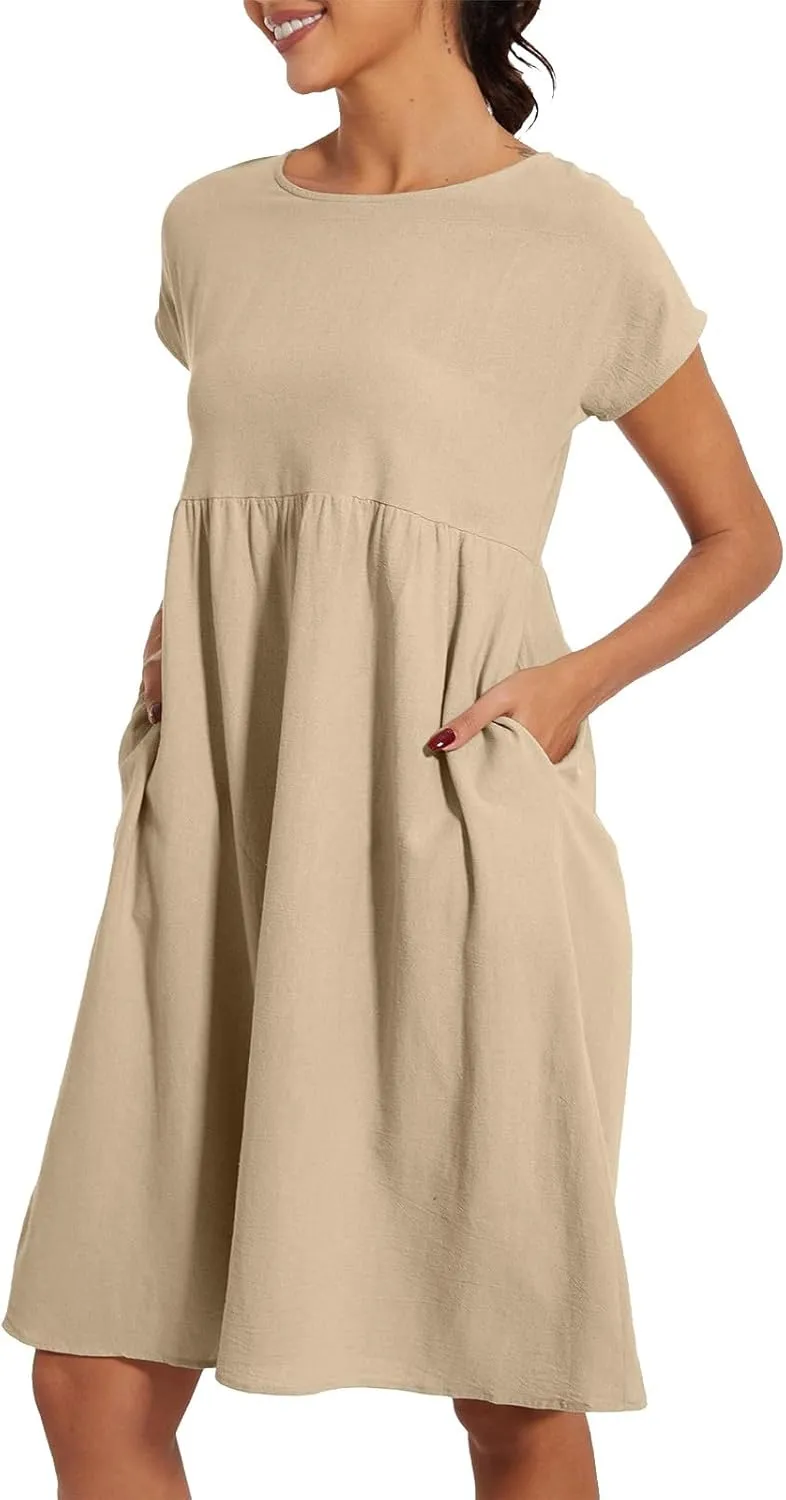 Linen Dresses for Women 2024 Womens Linen Dress Linen Midi Dresses Plus Size Short Sleeves Dress Sundress with Pockets