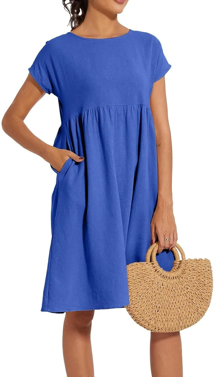 Linen Dresses for Women 2024 Womens Linen Dress Linen Midi Dresses Plus Size Short Sleeves Dress Sundress with Pockets