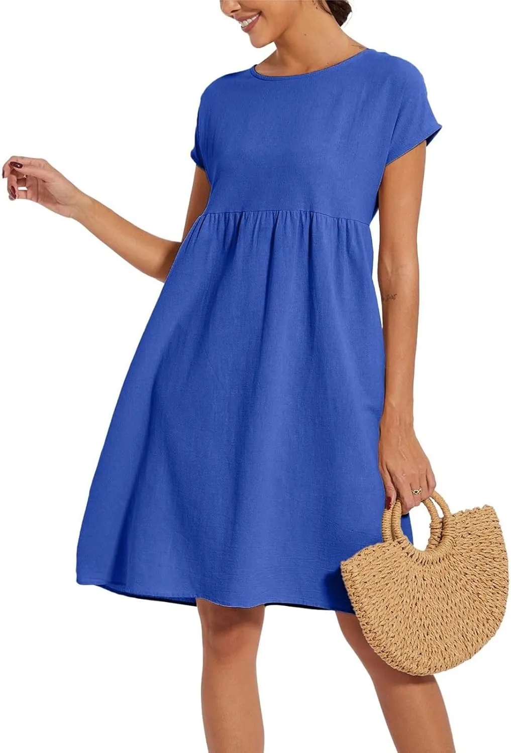 Linen Dresses for Women 2024 Womens Linen Dress Linen Midi Dresses Plus Size Short Sleeves Dress Sundress with Pockets