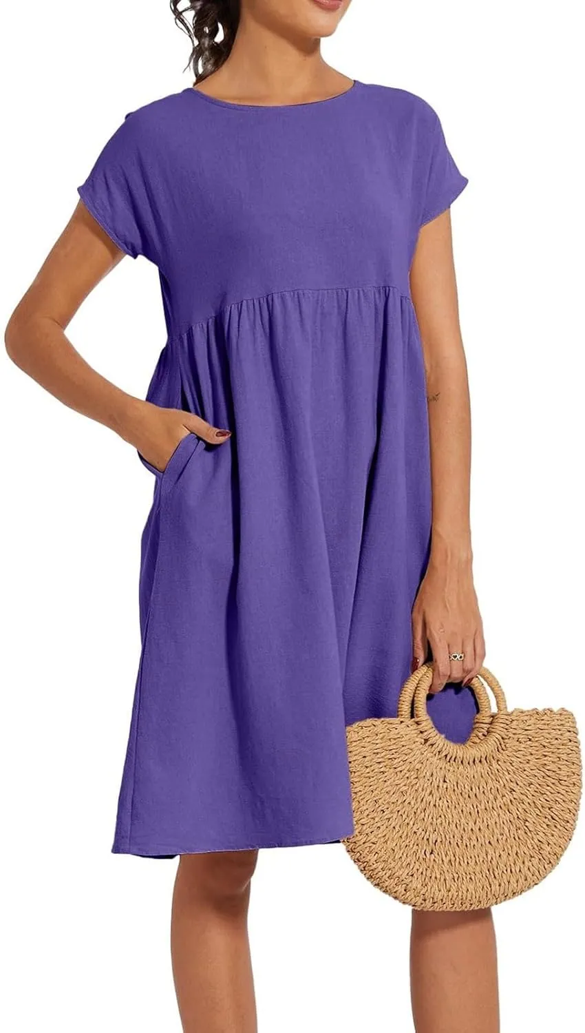 Linen Dresses for Women 2024 Womens Linen Dress Linen Midi Dresses Plus Size Short Sleeves Dress Sundress with Pockets