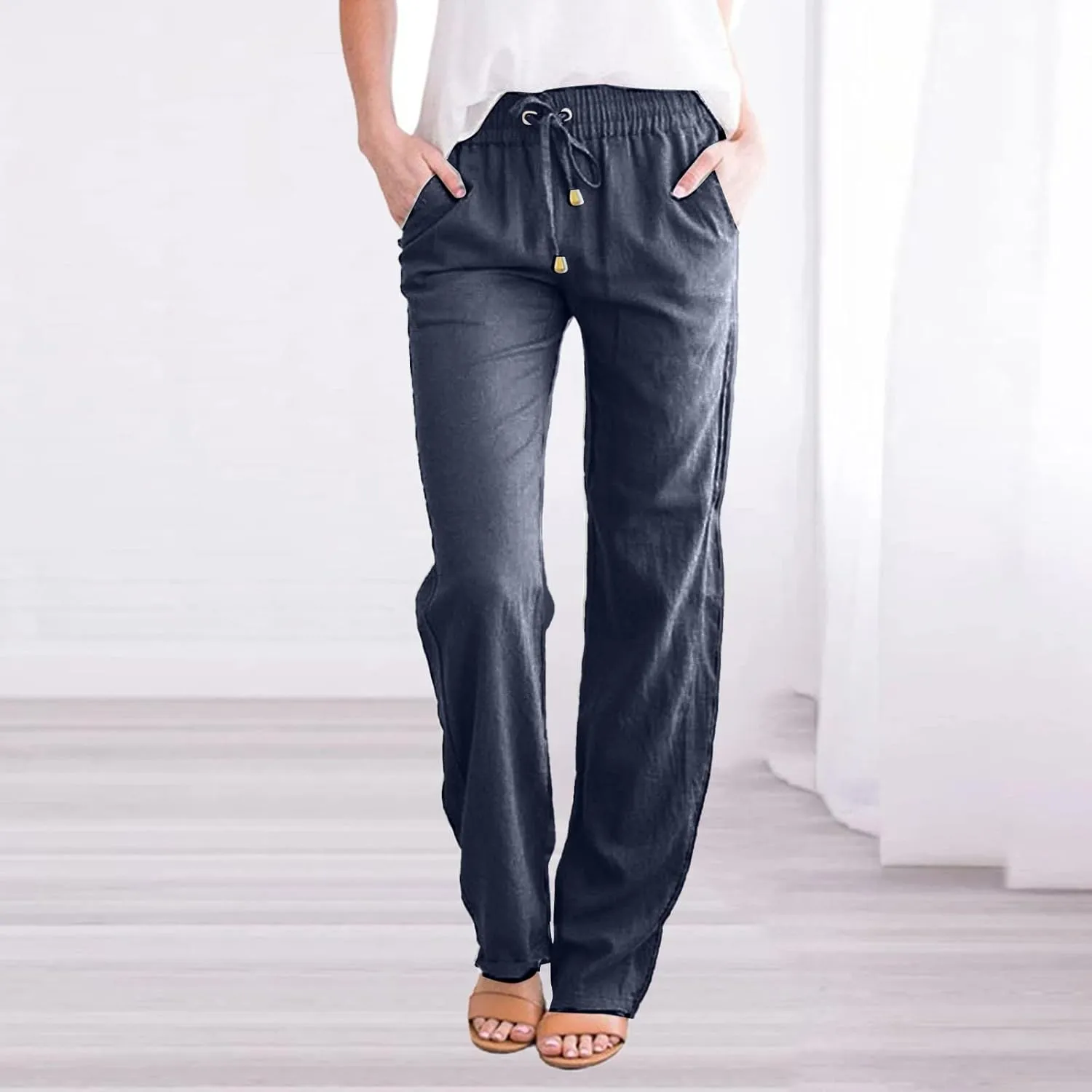 Linen Pants Women 2025 Summer Drawstring Trousers Pockets Casual Loose Wide Leg Lounge Pant for Beach Travel Vacation