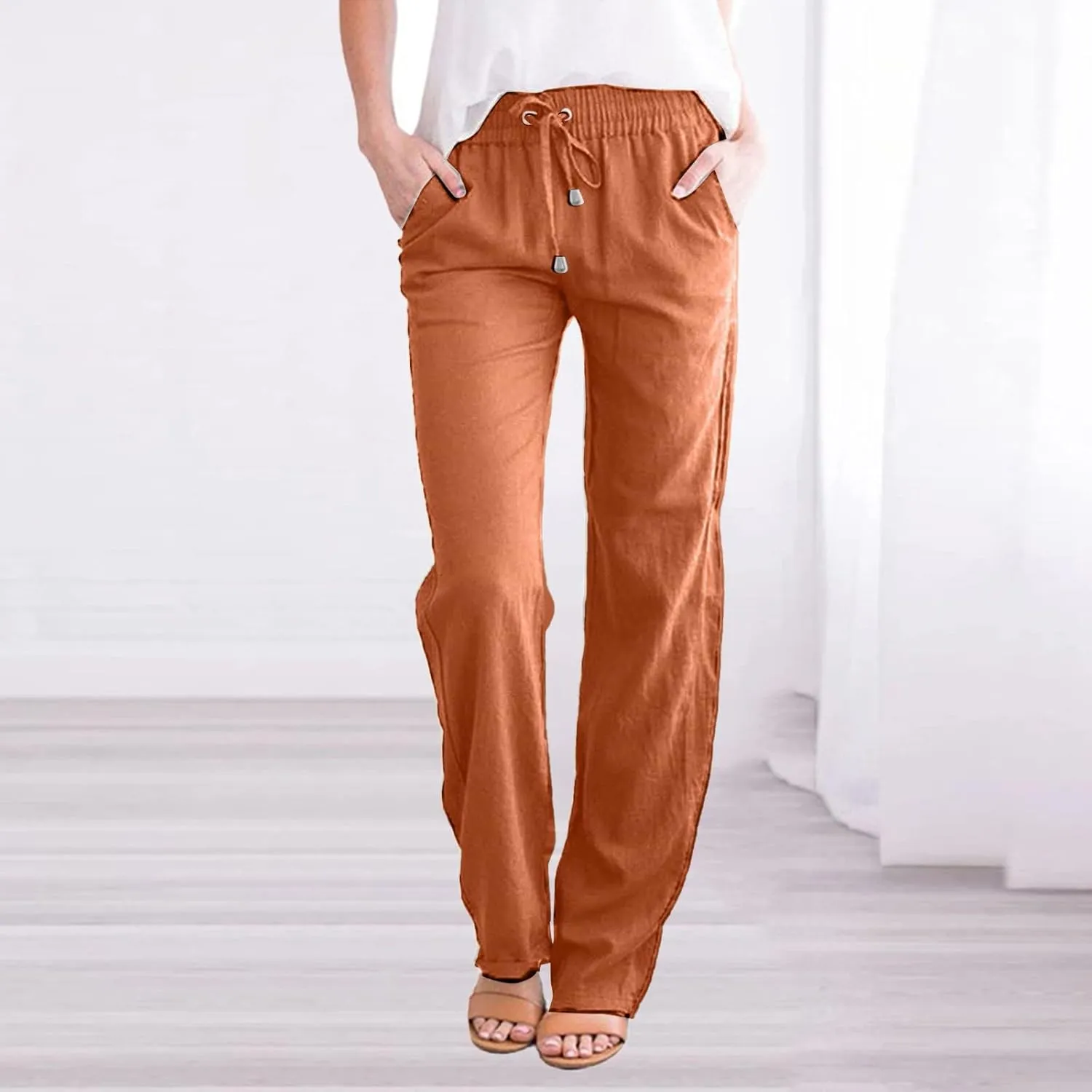 Linen Pants Women 2025 Summer Drawstring Trousers Pockets Casual Loose Wide Leg Lounge Pant for Beach Travel Vacation