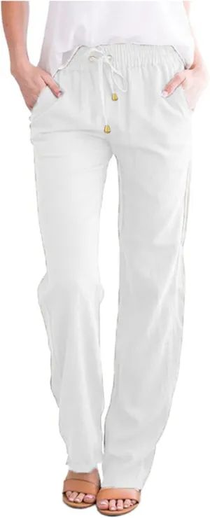 Linen Pants Women 2025 Summer Drawstring Trousers Pockets Casual Loose Wide Leg Lounge Pant for Beach Travel Vacation