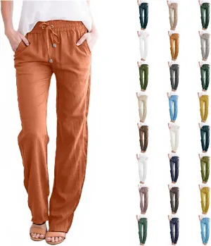 Linen Pants Women 2025 Summer Drawstring Trousers Pockets Casual Loose Wide Leg Lounge Pant for Beach Travel Vacation