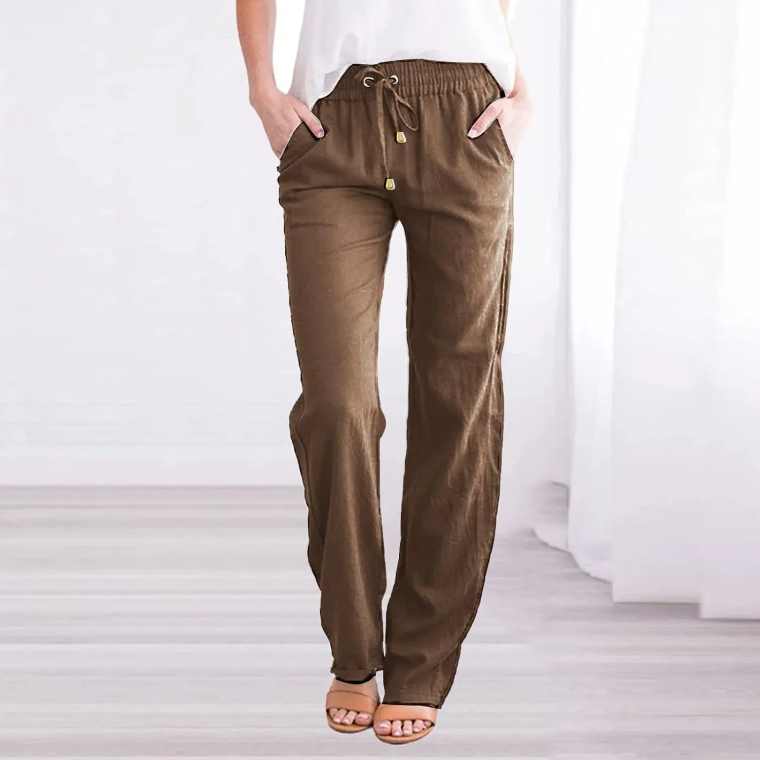 Linen Pants Women 2025 Summer Drawstring Trousers Pockets Casual Loose Wide Leg Lounge Pant for Beach Travel Vacation