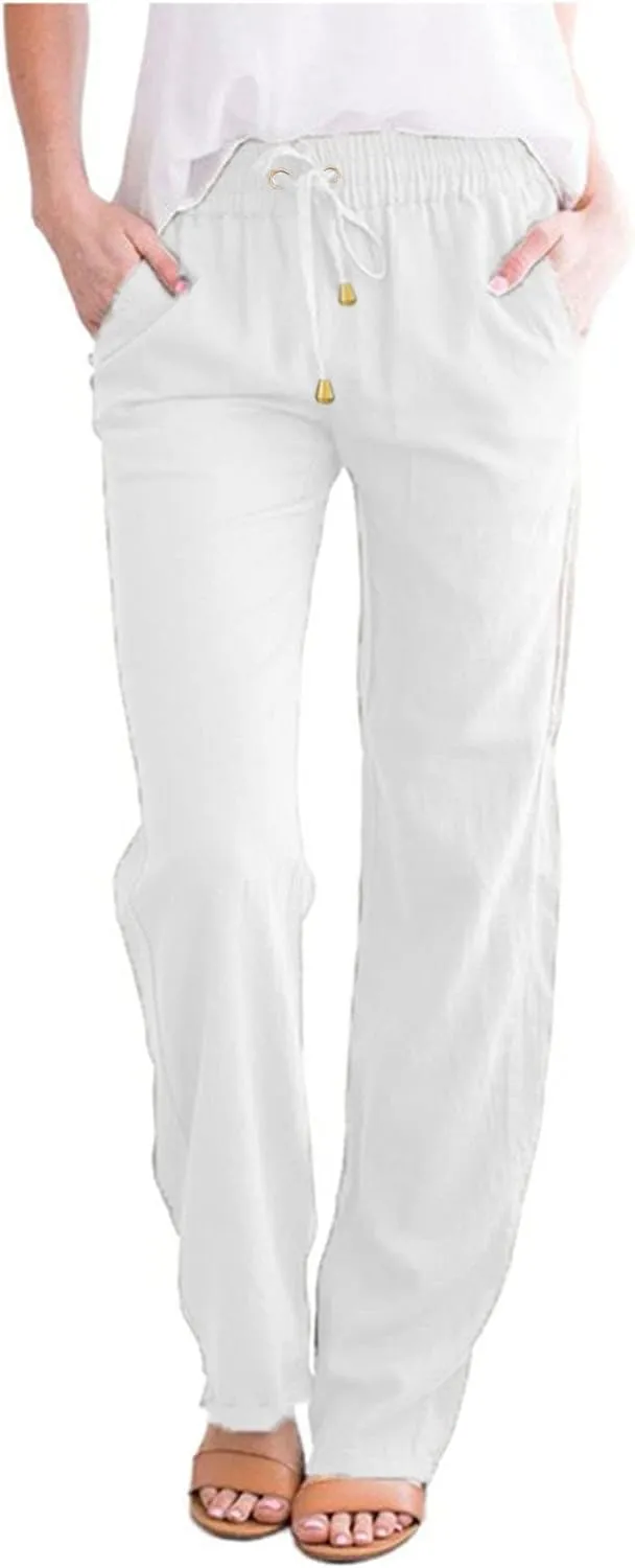 Linen Pants Women 2025 Summer Drawstring Trousers Pockets Casual Loose Wide Leg Lounge Pant for Beach Travel Vacation