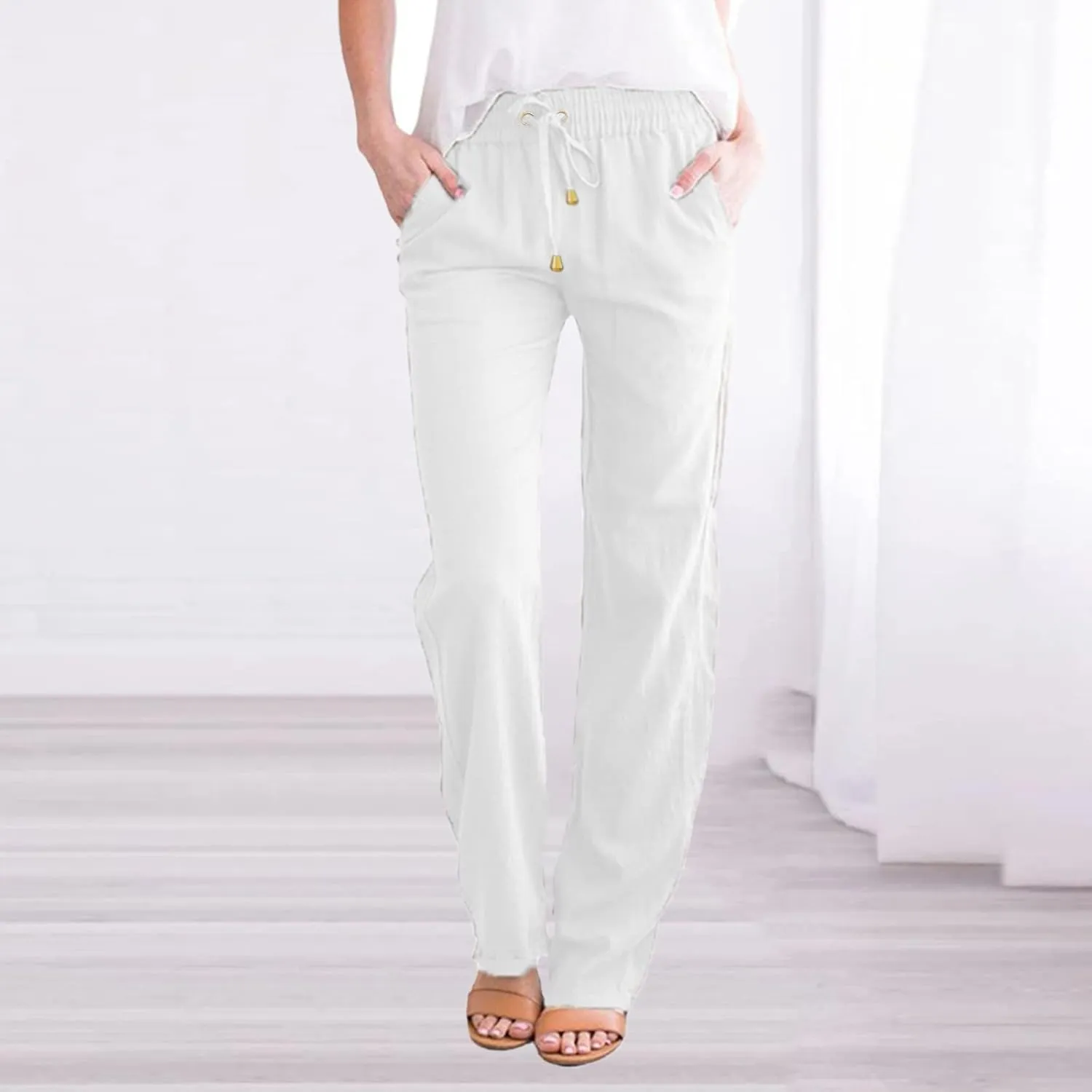 Linen Pants Women 2025 Summer Drawstring Trousers Pockets Casual Loose Wide Leg Lounge Pant for Beach Travel Vacation