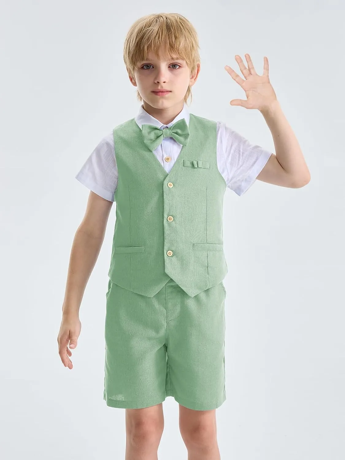 LOLANTA Boys Linen Suit 4 Piece Summer Gentleman Outfit Kids Dress Vest Shirt Shorts Set for Beach Wedding Graduation