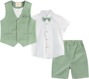 LOLANTA Boys Linen Suit 4 Piece Summer Gentleman Outfit Kids Dress Vest Shirt Shorts Set for Beach Wedding Graduation