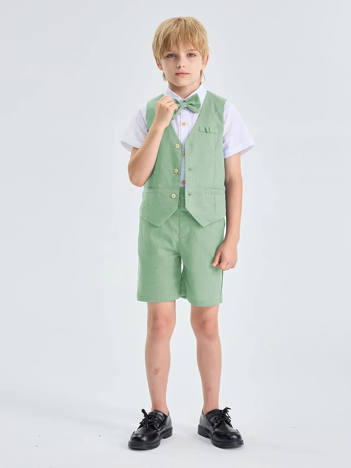 LOLANTA Boys Linen Suit 4 Piece Summer Gentleman Outfit Kids Dress Vest Shirt Shorts Set for Beach Wedding Graduation