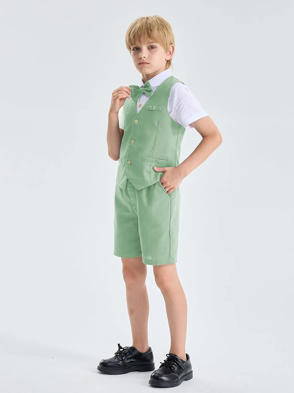 LOLANTA Boys Linen Suit 4 Piece Summer Gentleman Outfit Kids Dress Vest Shirt Shorts Set for Beach Wedding Graduation