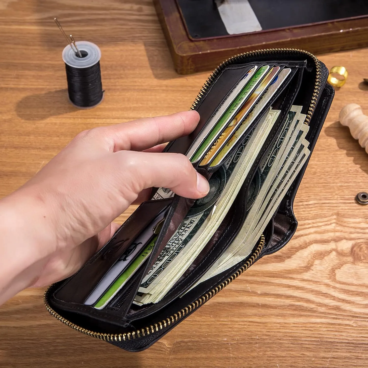 LUKZIJAES Genuine Leather Wallet for Men RFID Blocking Large Capacity Card Case with Zipper ID Window Coin Pocket (#2-Black)