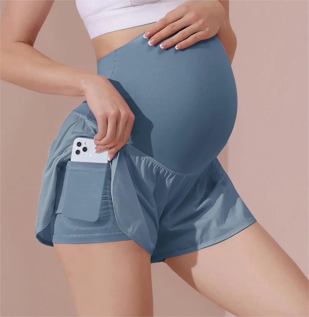 Maacie Women Maternity Layered Fast Drying Yoga Shorts with Liner Inner Pocket