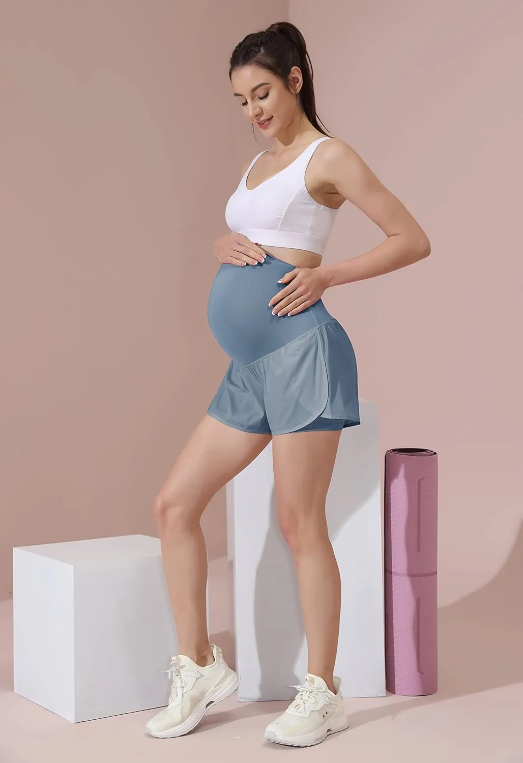 Maacie Women Maternity Layered Fast Drying Yoga Shorts with Liner Inner Pocket