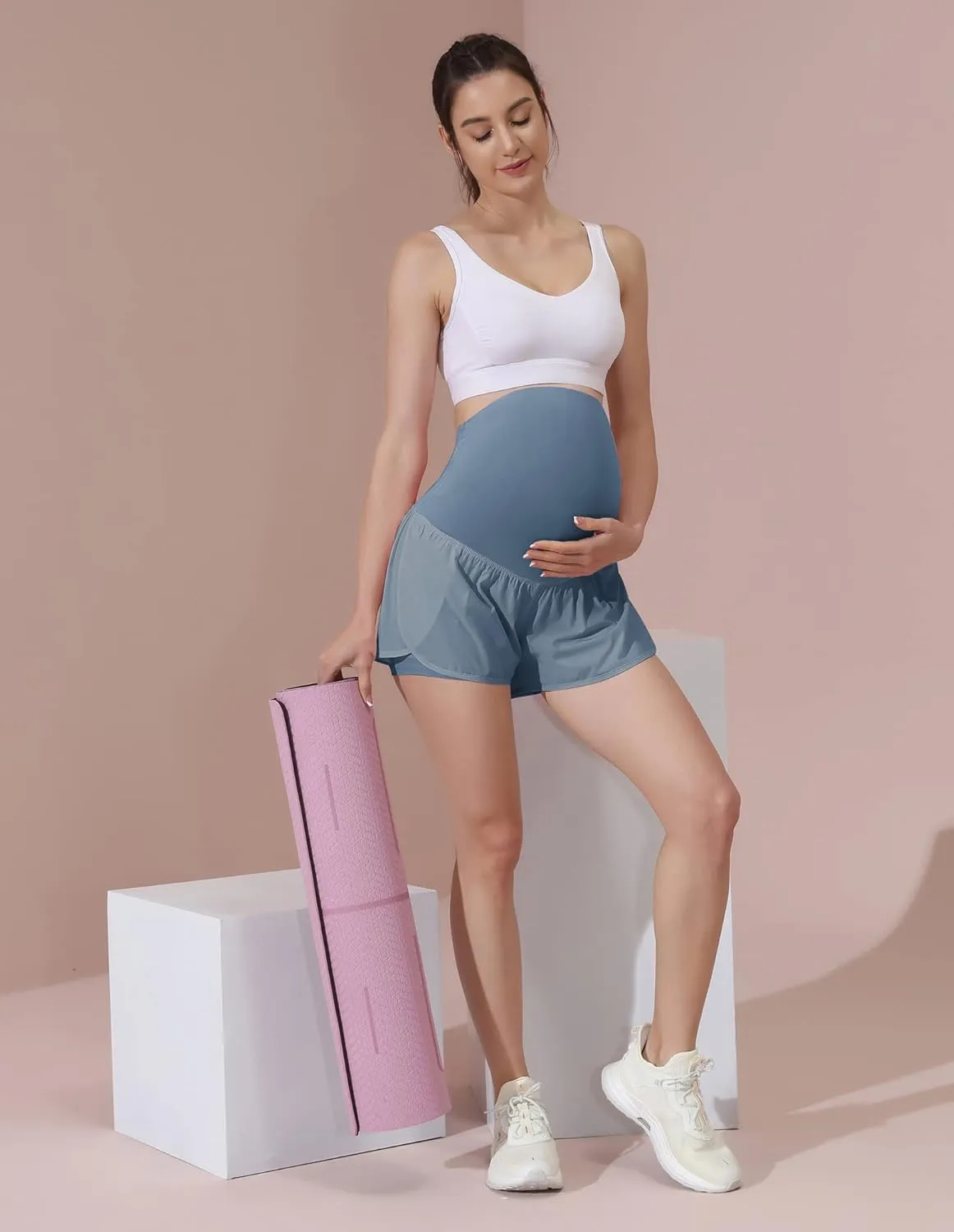 Maacie Women Maternity Layered Fast Drying Yoga Shorts with Liner Inner Pocket