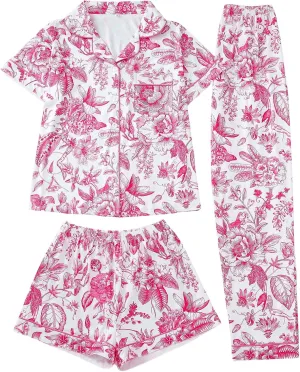 MakeMeChic Women's 3 Piece Pajama Sets Floral Print Short Sleeve Button Down Shirts Shorts and Pants PJ Set