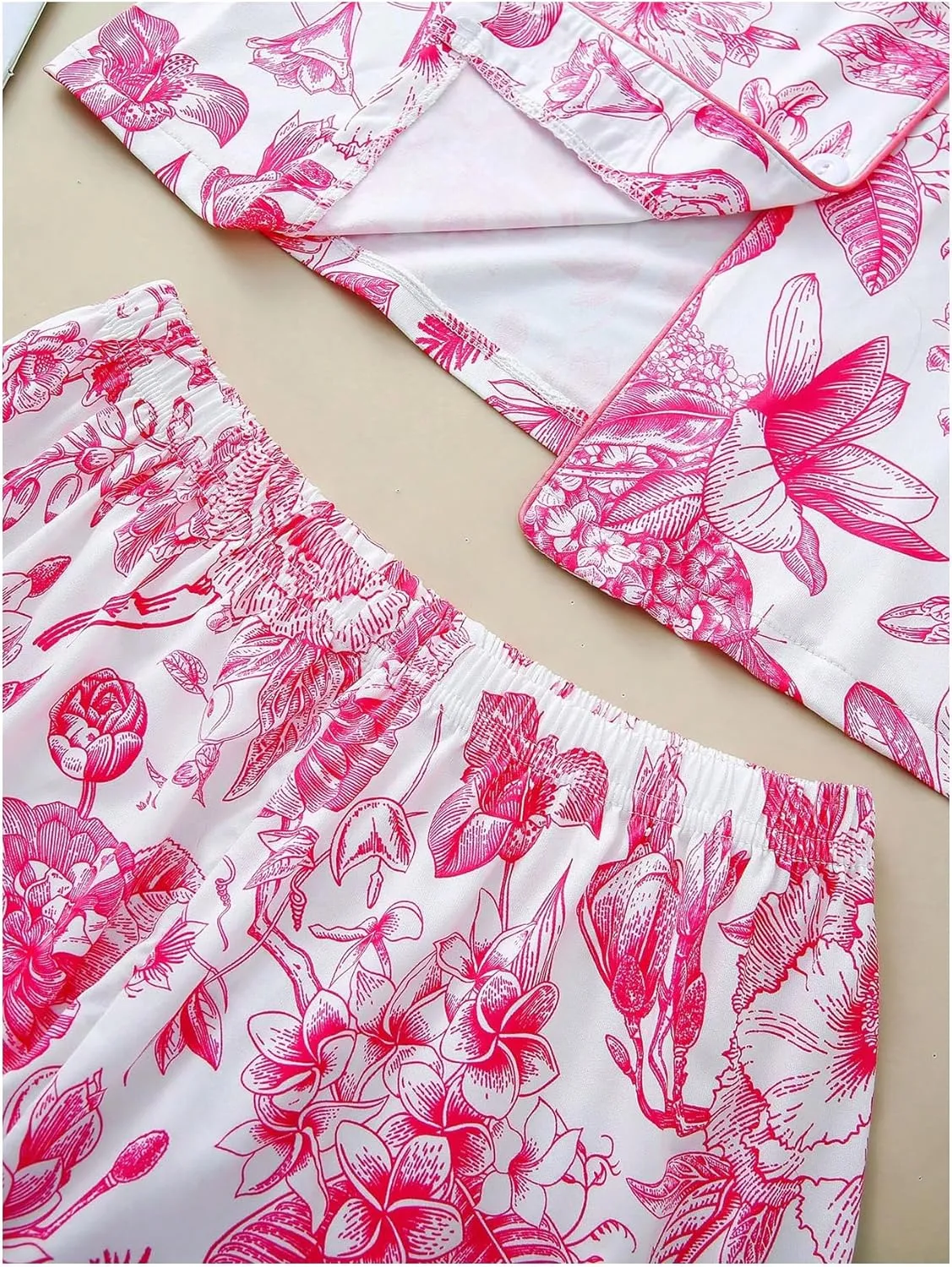 MakeMeChic Women's 3 Piece Pajama Sets Floral Print Short Sleeve Button Down Shirts Shorts and Pants PJ Set