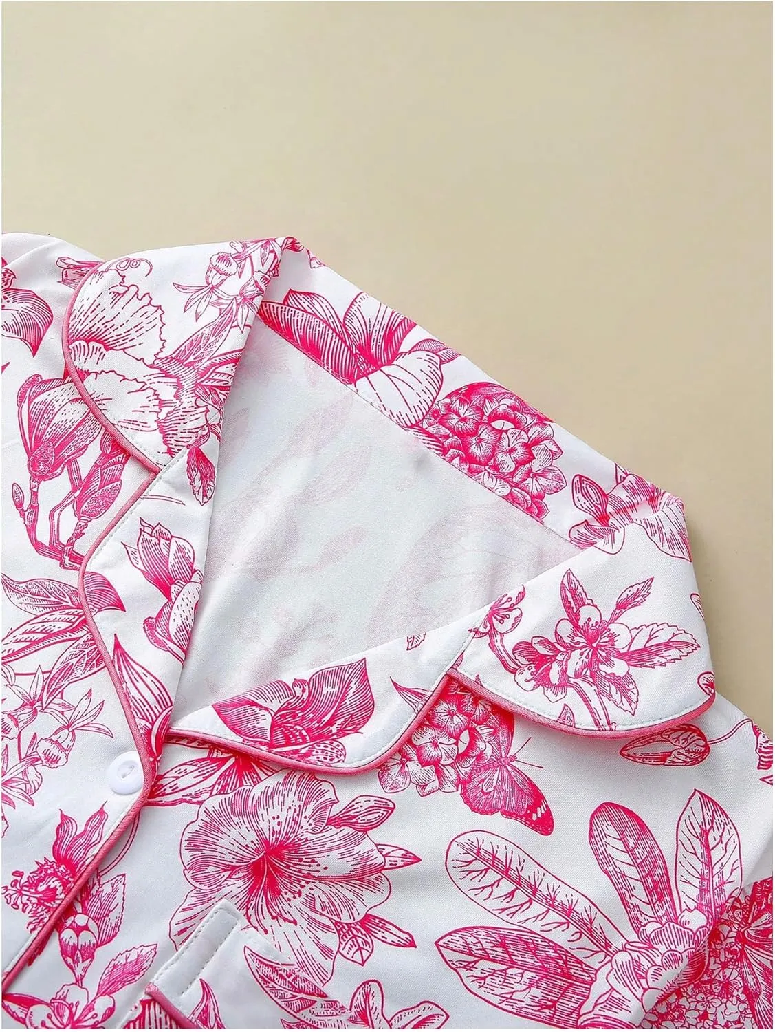 MakeMeChic Women's 3 Piece Pajama Sets Floral Print Short Sleeve Button Down Shirts Shorts and Pants PJ Set