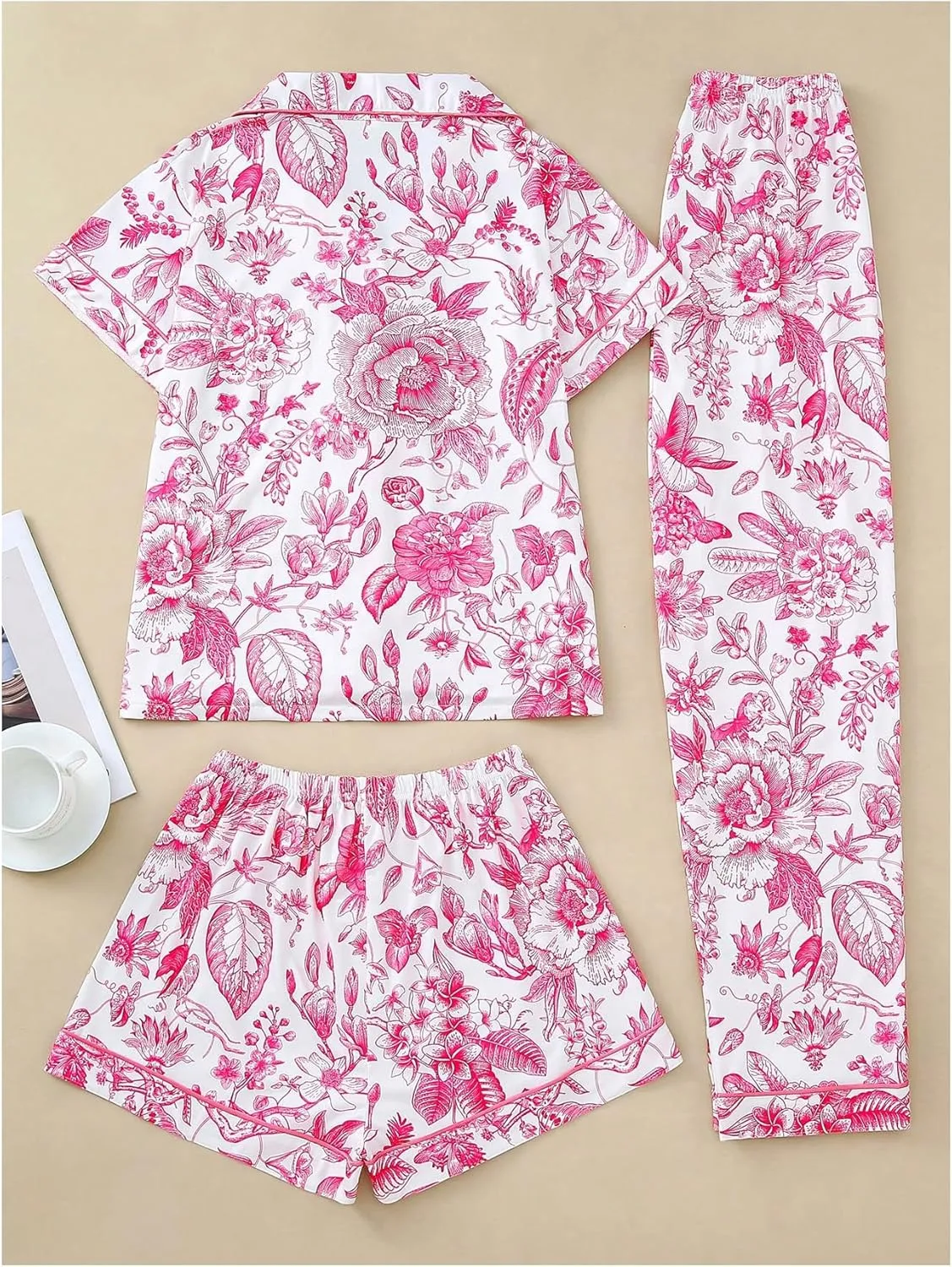 MakeMeChic Women's 3 Piece Pajama Sets Floral Print Short Sleeve Button Down Shirts Shorts and Pants PJ Set
