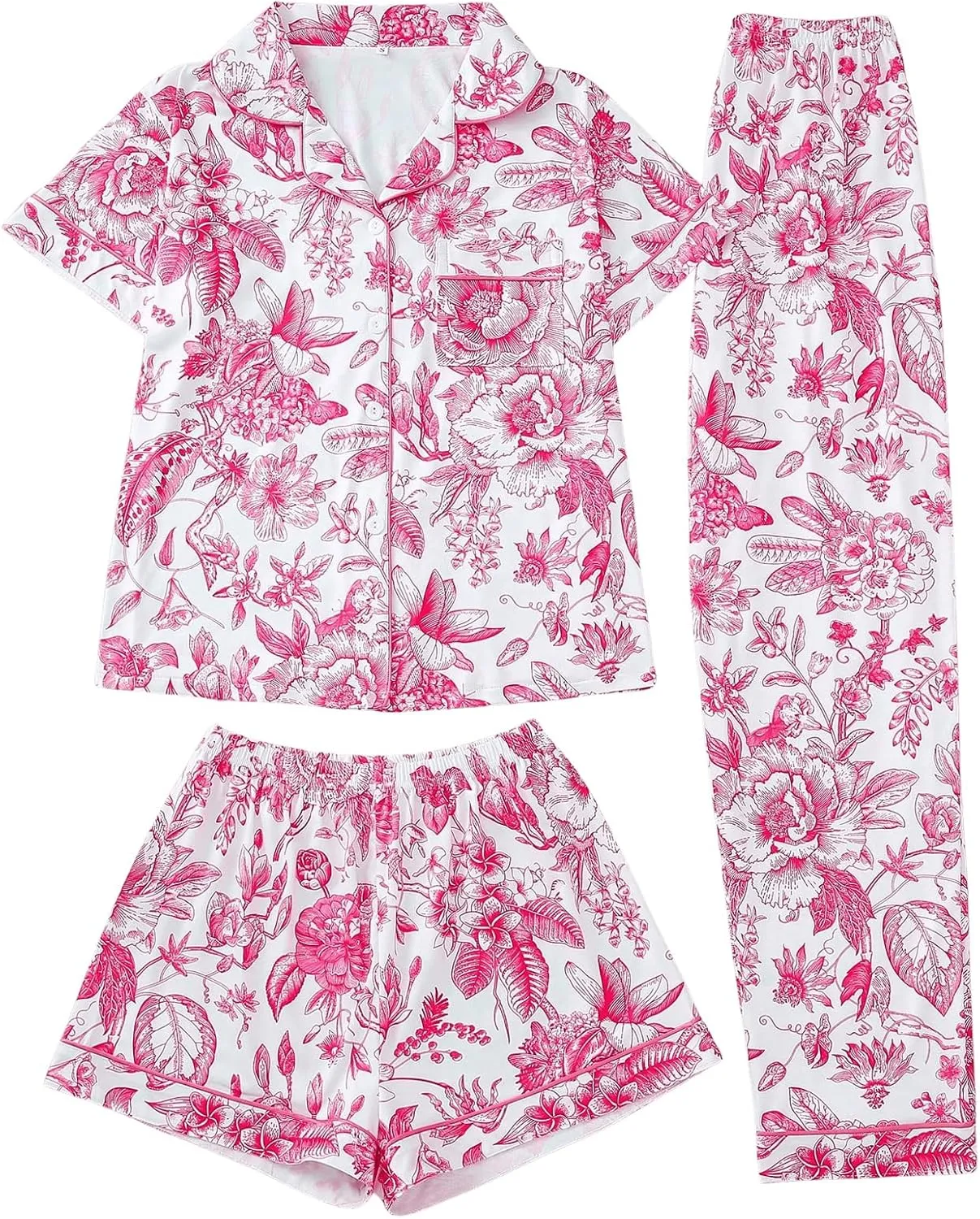 MakeMeChic Women's 3 Piece Pajama Sets Floral Print Short Sleeve Button Down Shirts Shorts and Pants PJ Set