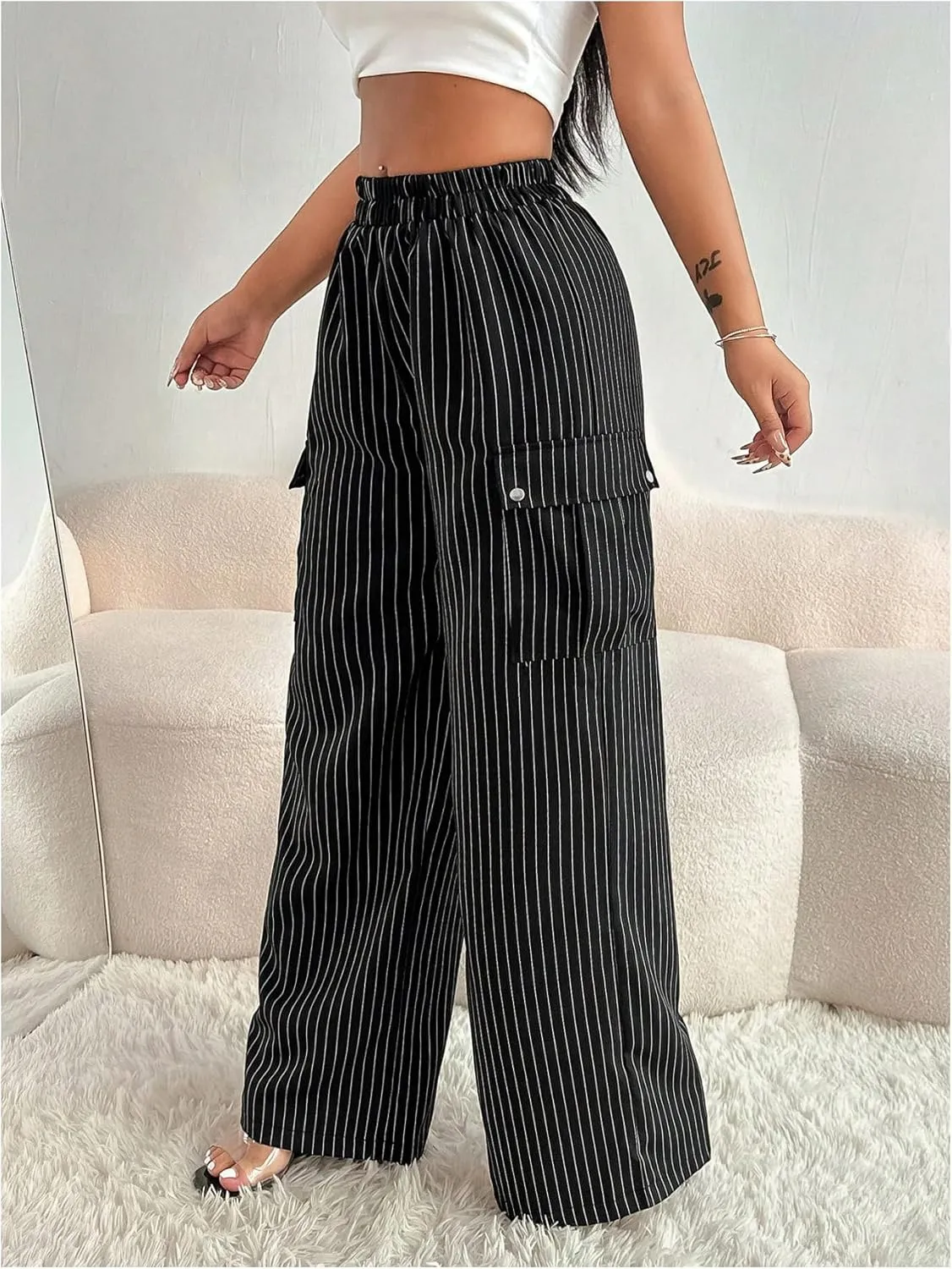 MakeMeChic Women's Striped Cargo Pants High Waist Wide Leg Baggy Pants Trousers with Pocket