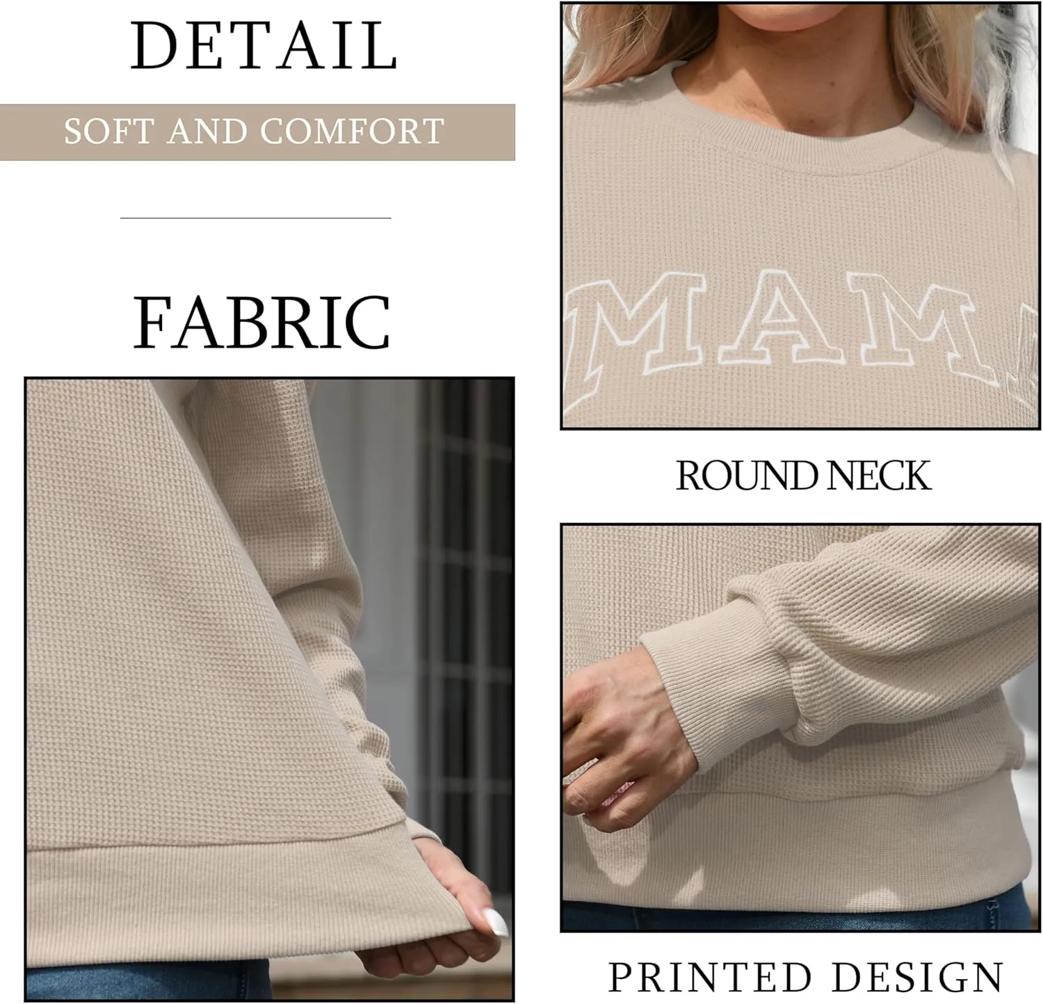 Mama Sweatshirt for Women: Embroidered Mama Shirts Mom Pullover Long Sleeve Tops Waffle Knit Sweatshirts