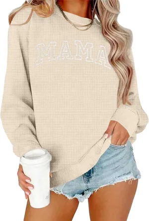 Mama Sweatshirt for Women: Embroidered Mama Shirts Mom Pullover Long Sleeve Tops Waffle Knit Sweatshirts