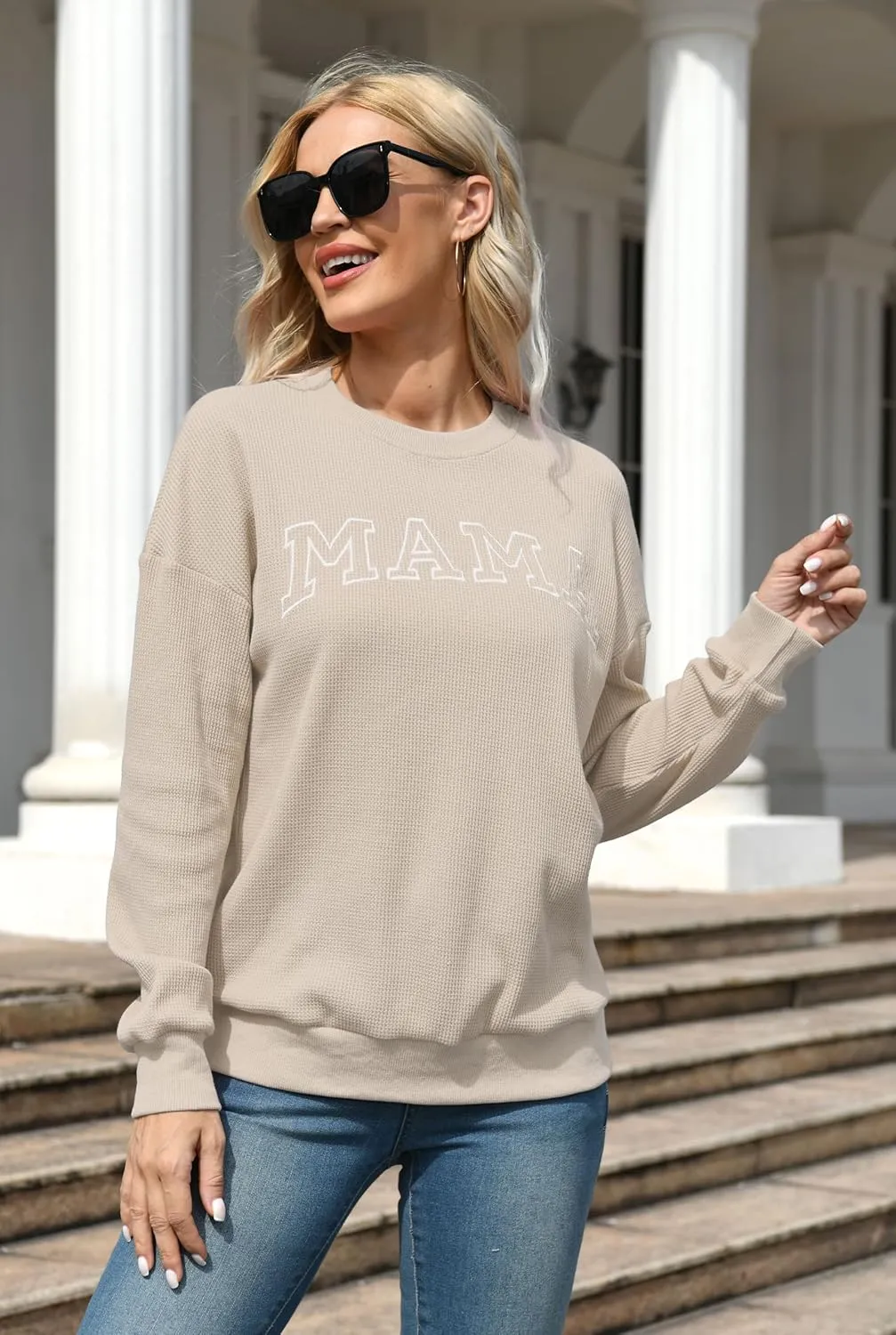 Mama Sweatshirt for Women: Embroidered Mama Shirts Mom Pullover Long Sleeve Tops Waffle Knit Sweatshirts