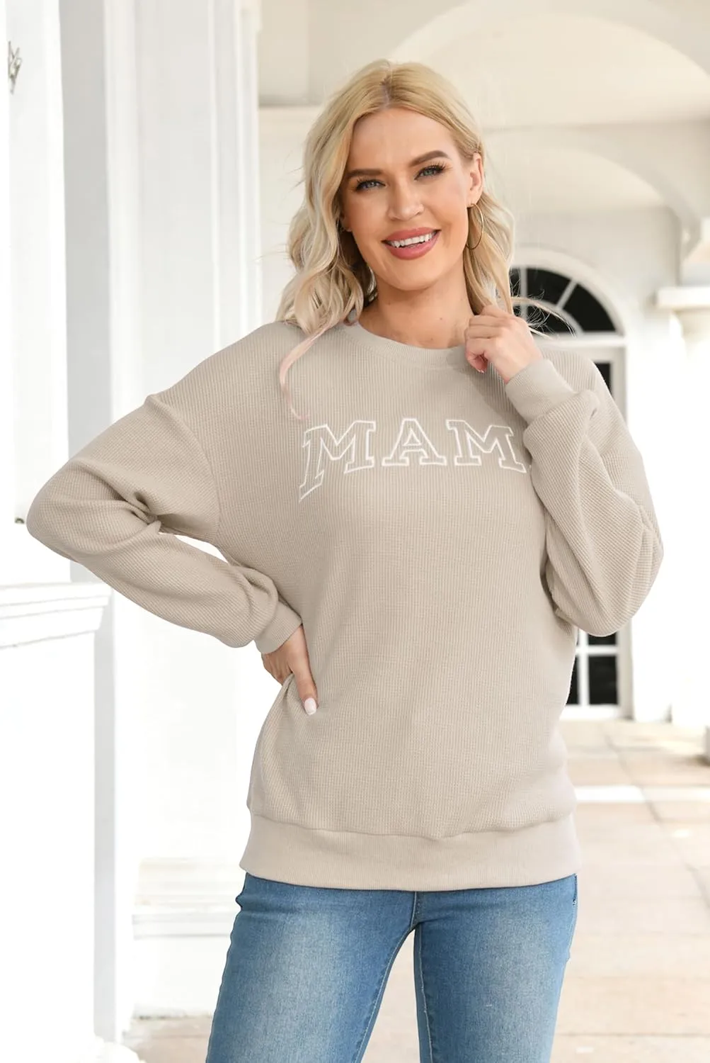 Mama Sweatshirt for Women: Embroidered Mama Shirts Mom Pullover Long Sleeve Tops Waffle Knit Sweatshirts