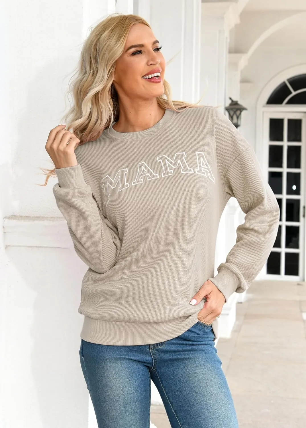 Mama Sweatshirt for Women: Embroidered Mama Shirts Mom Pullover Long Sleeve Tops Waffle Knit Sweatshirts