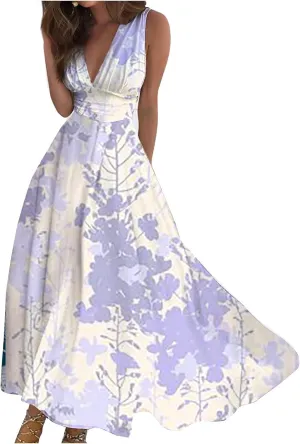 Maxi Dress for Women Sleeveless Printed Dresses High Waiste Deep V Neck Sundresses Beach Boho Dress Maxi Long Dress